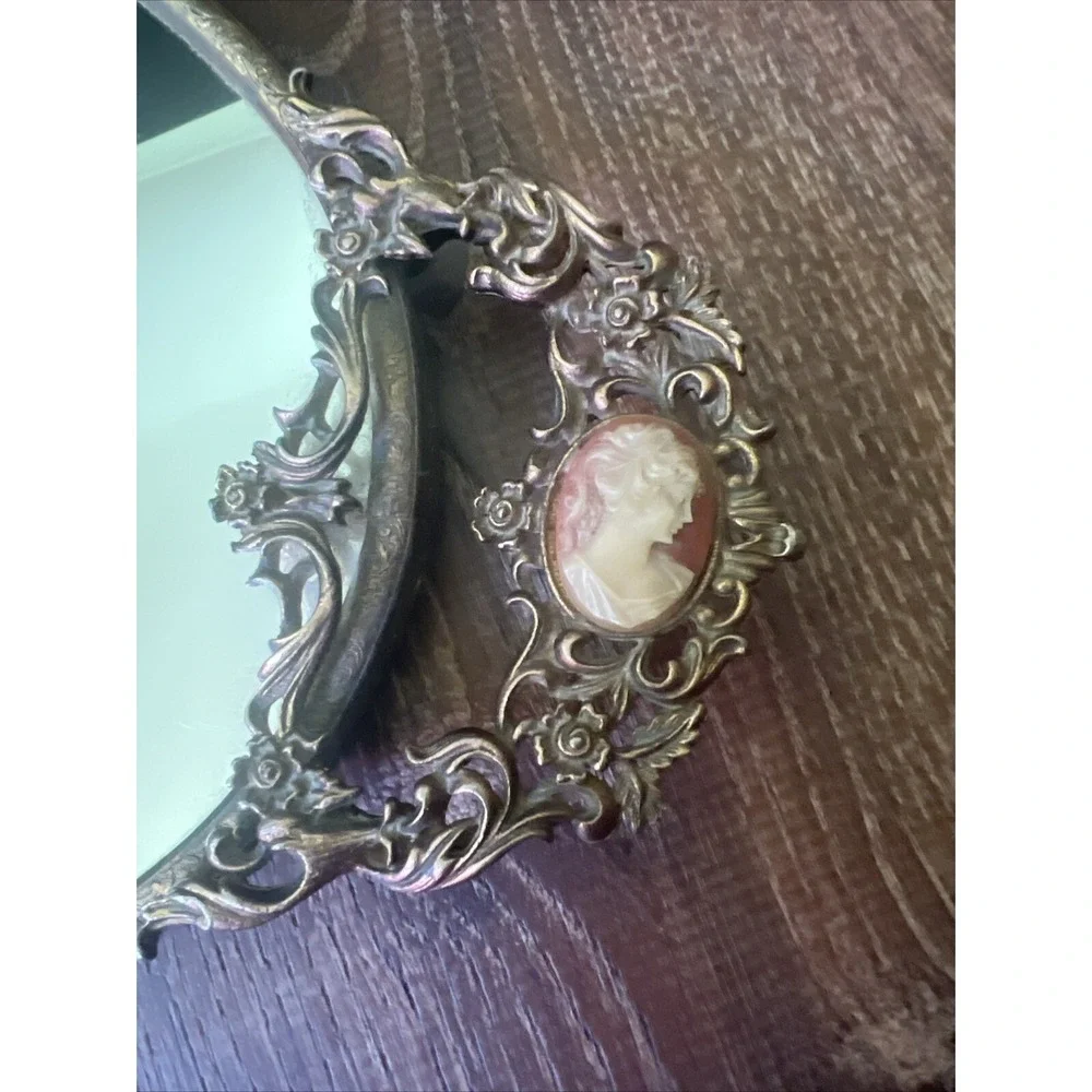 Vintage Cameo 24K Gold Plate Ormolu Rose Vanity Mirror Tray Bedroom Decor